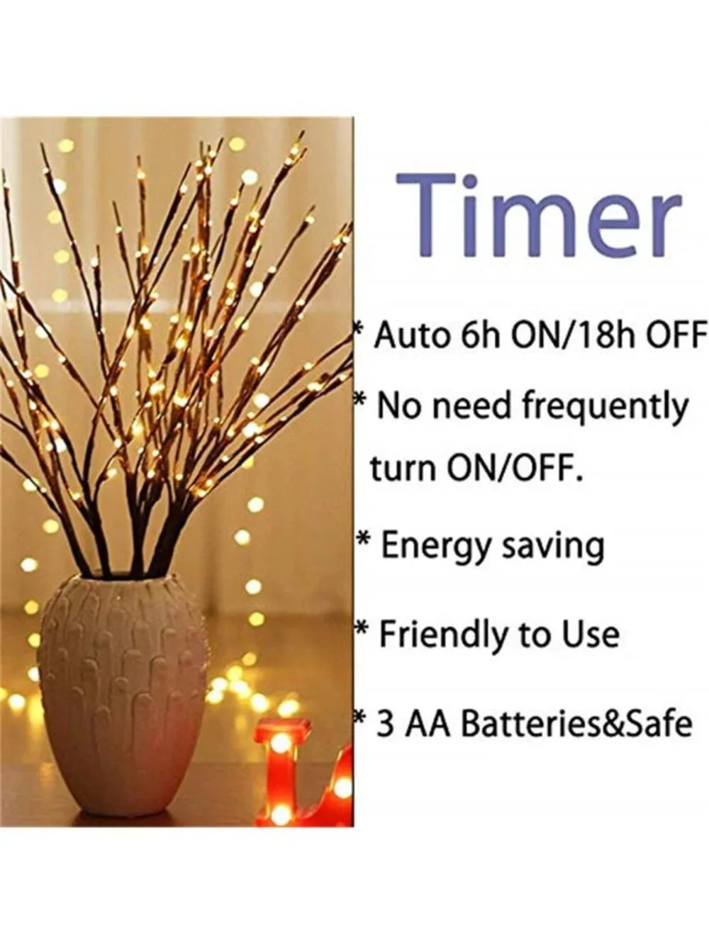 Lighted Branches Warm White LED Twig Lights Battery Timer Vase Decor 3 Pack